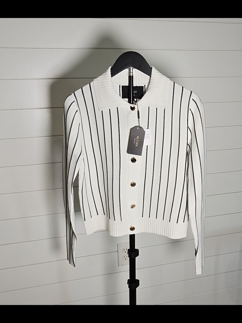 NWT Aleeza Paris White w Black Stripes Knit Cardigan S